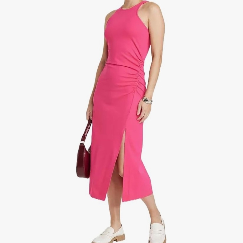 A new day pink sleeveless tank ruched ponte midi front slit dress